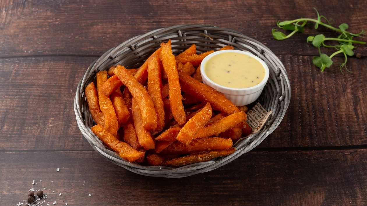Sweet potato fries with hard cheese and honey-mustard mayonnaise