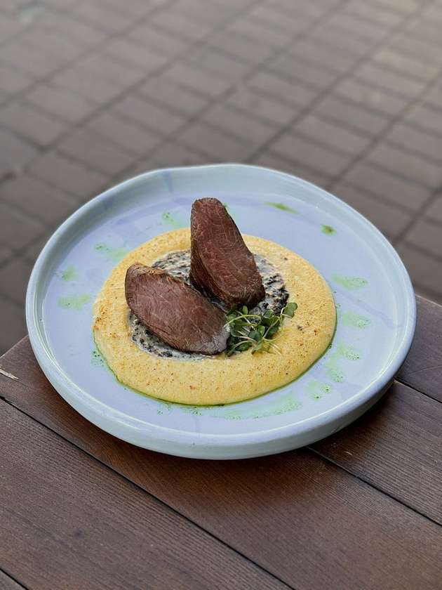 Black veal with homemade tomatoes and tzatziki sauce