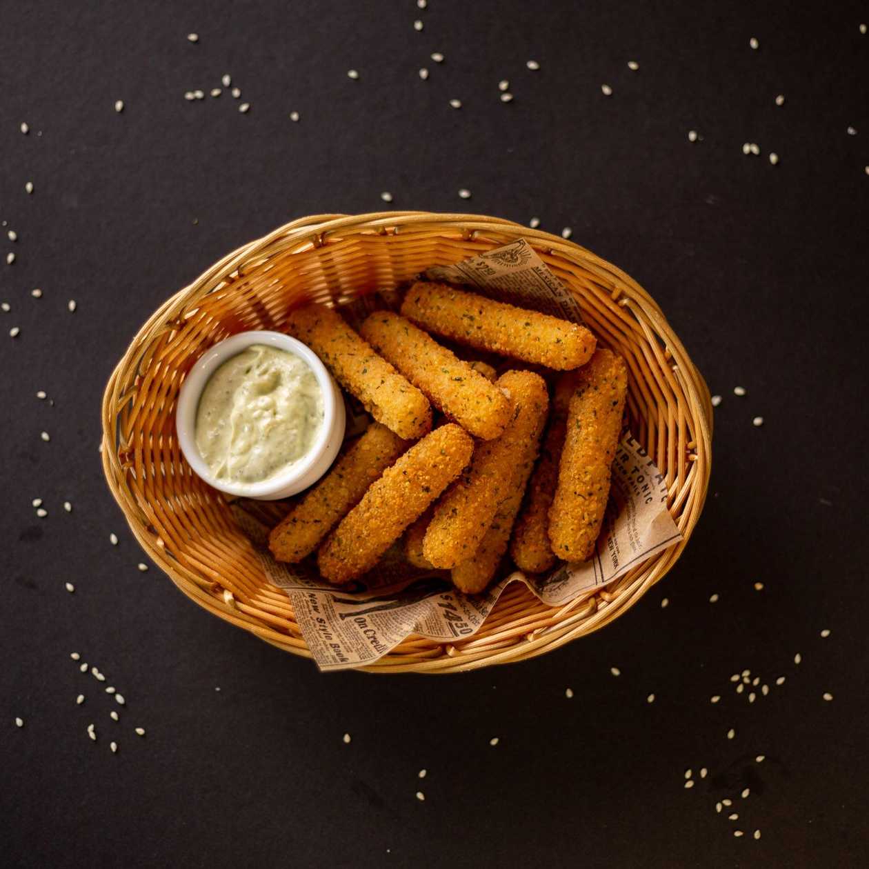 Mozzarella cheese sticks with basil pesto mayonnaise