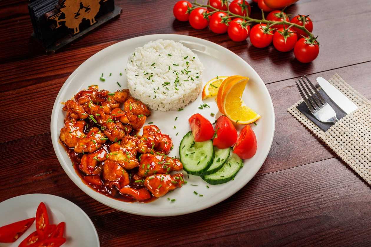 Honey-soy chicken with basmati rice and vegetables