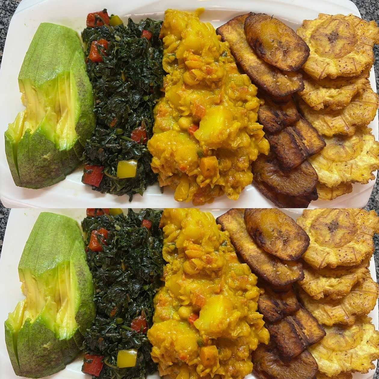 Ital Vibes Jamaican Coconut Curry Chickpea Meal- Ripe & Green Mash Plantains, Avocado and Callaloo