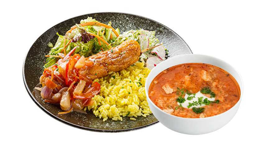 Chicken skewer with sweet and sour sauce + Soup of the day