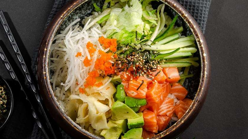Sake poke powl with rice or salad