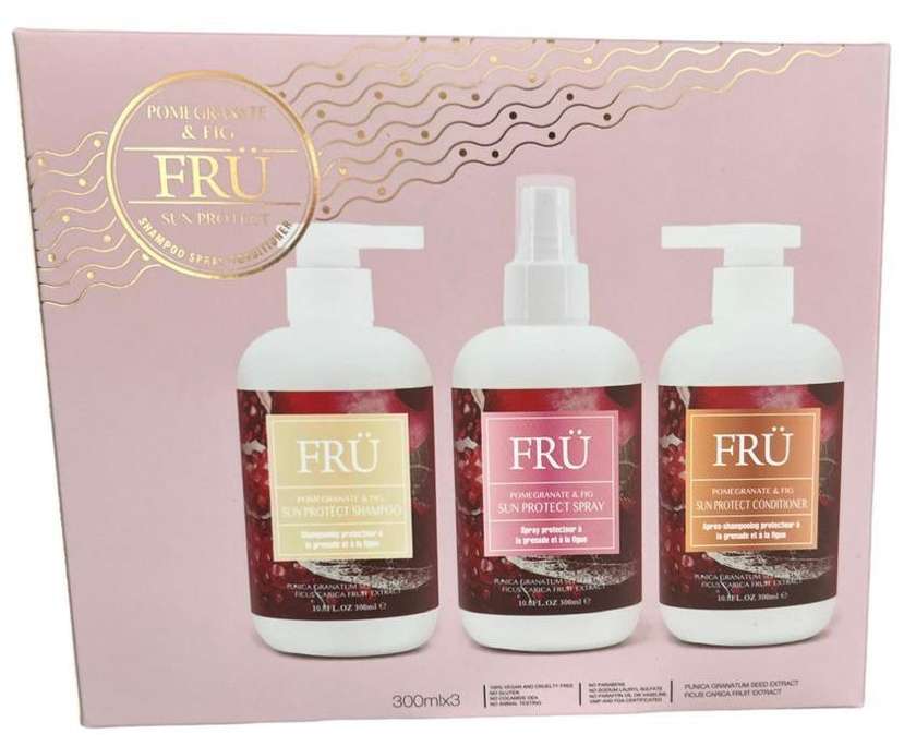 FRÜ Summer Hair UV Protection Set – Pomegranate & Fig (Shampoo + Spray + Conditioner) + FREE Gift