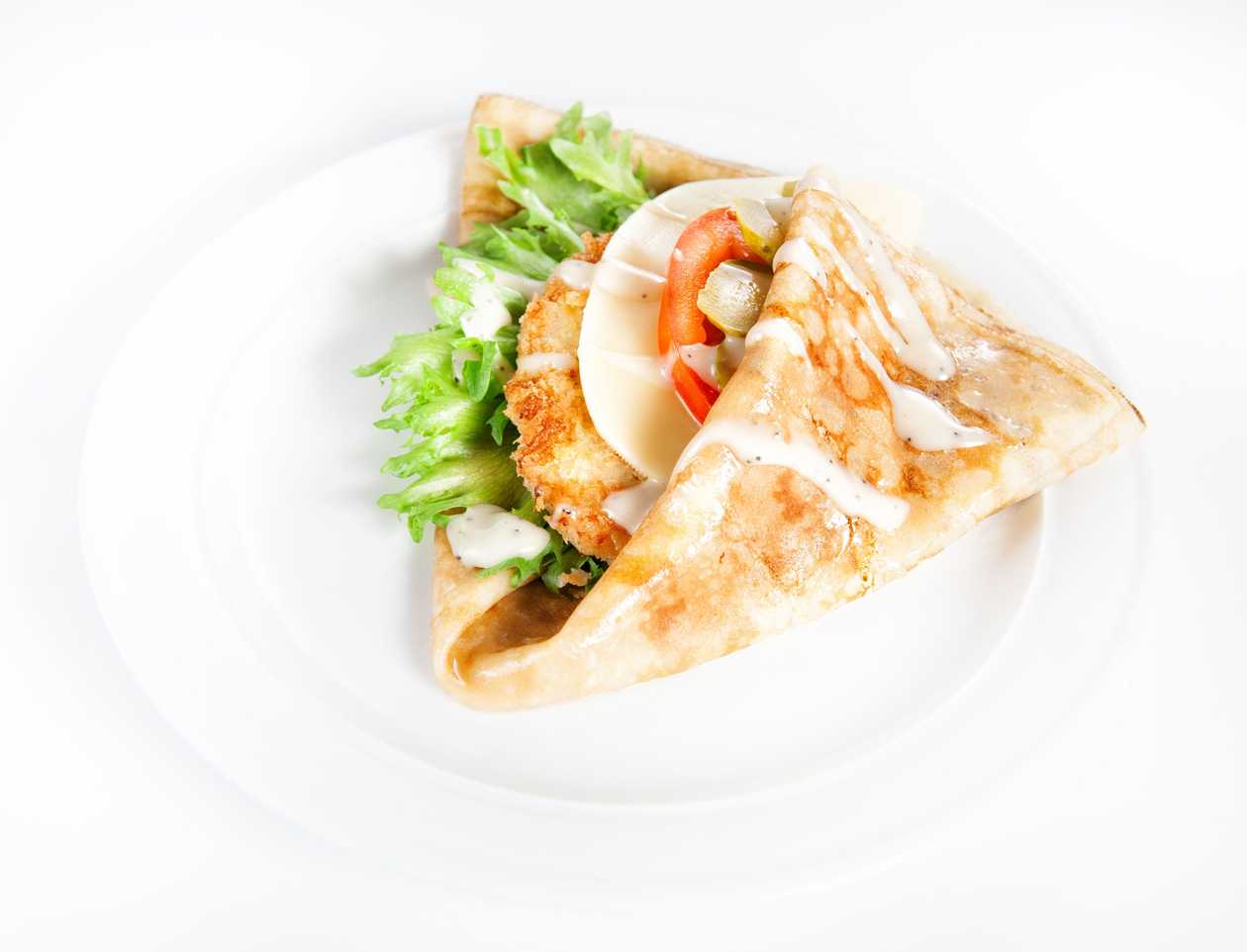 90. Cheese, Chicken Fillet, Corn, Tomato, Mayonnaise Crepe