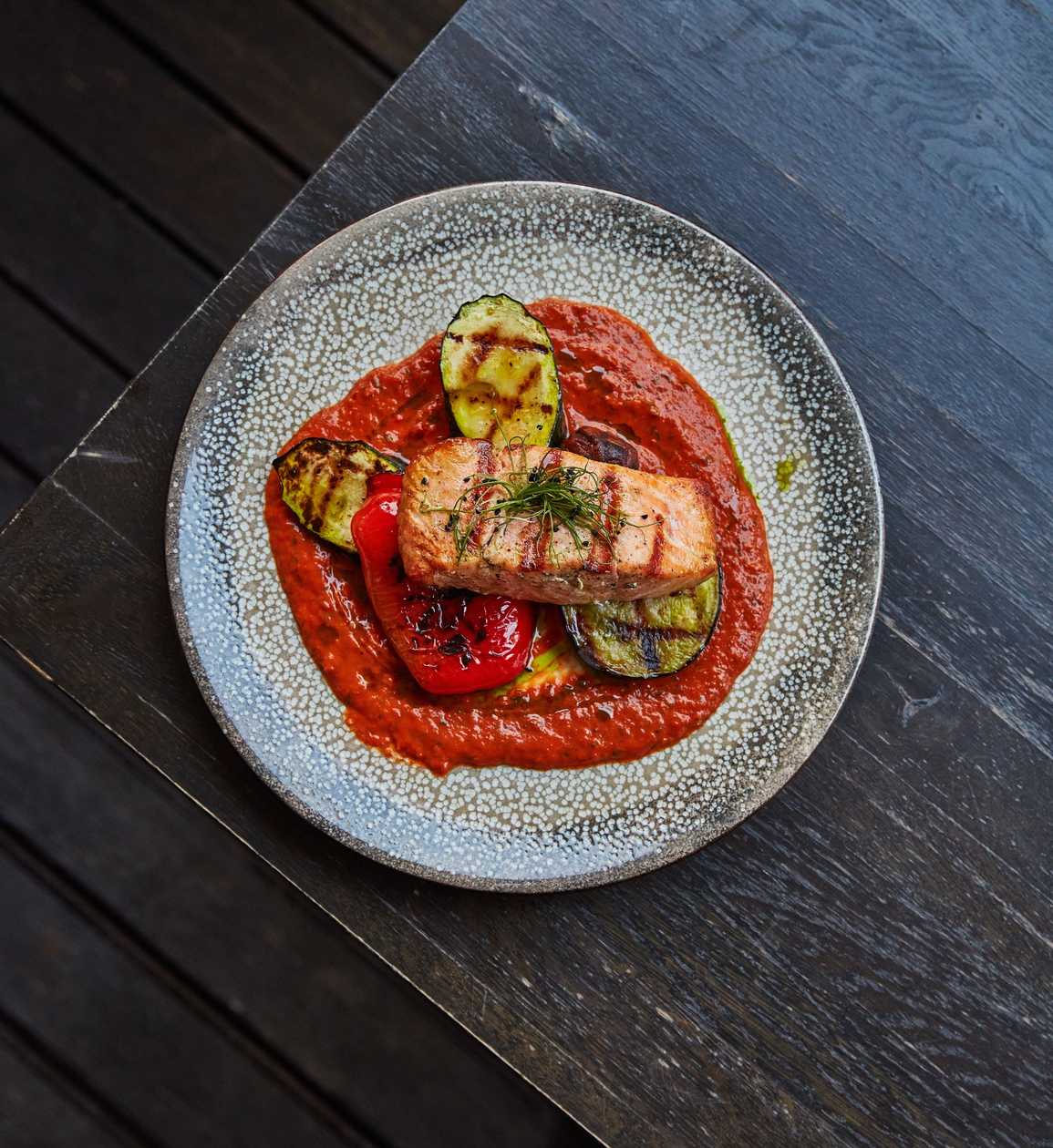 Salmon with Grilled Vegetables and Romesco Sauce