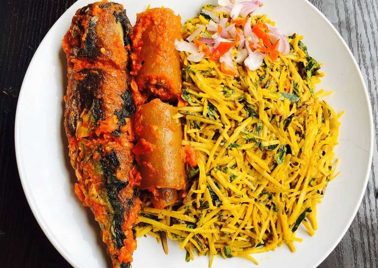 Abacha or African Salad with Fish or Kpomo