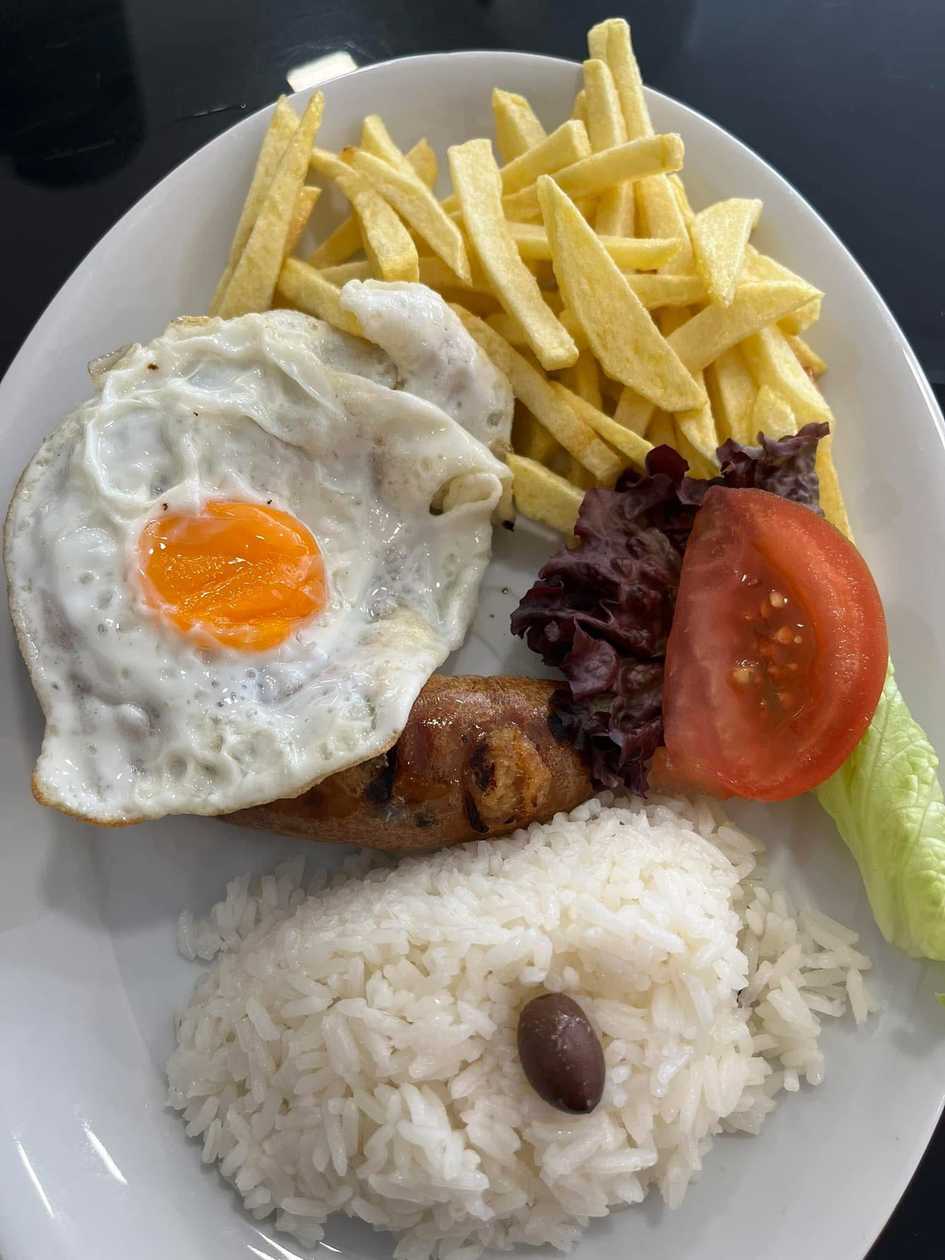 Grilled Mirandela Alheira with Rice, Fried Potato and Egg