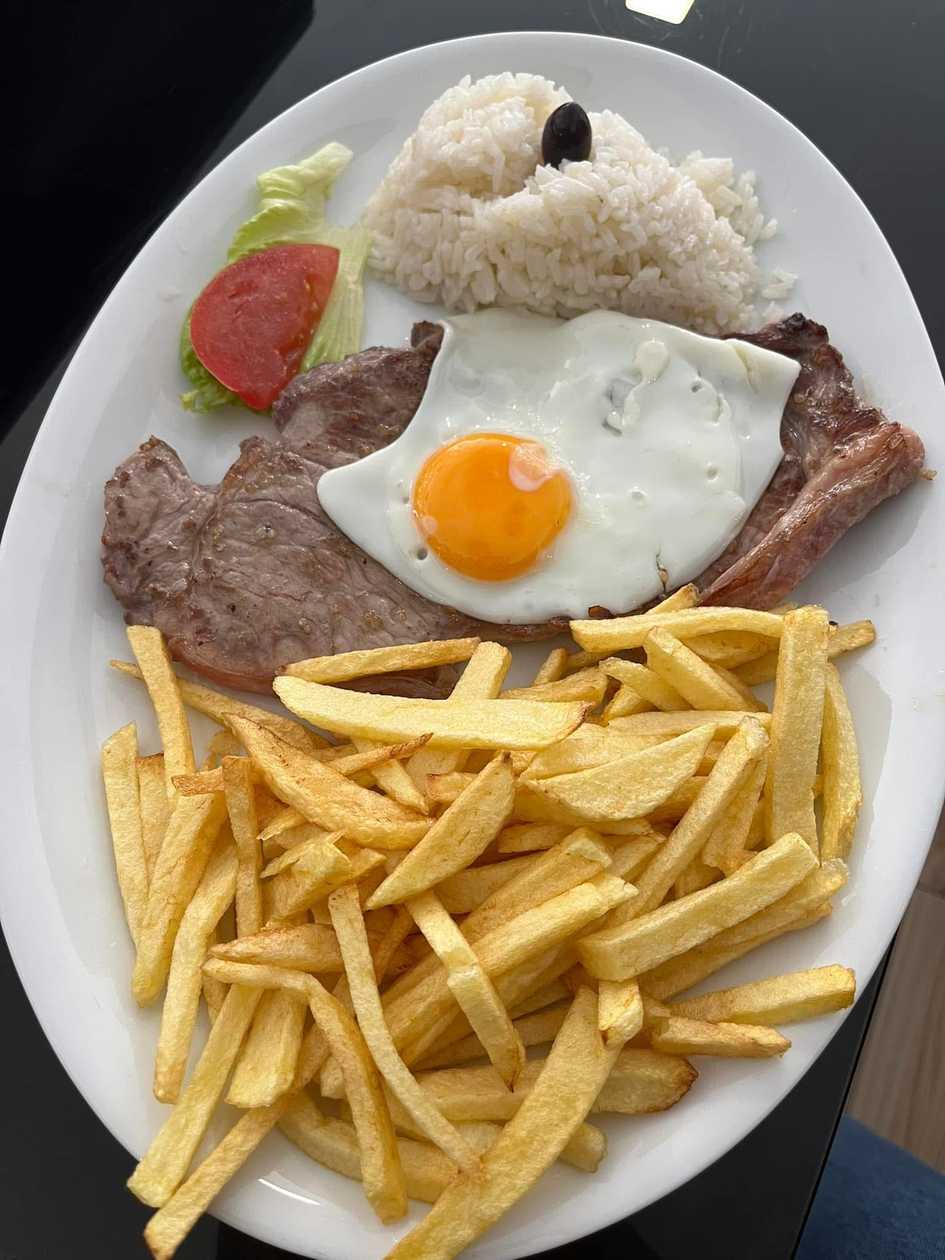 Grilled Empty Steak with Rice, Fried Potato and Egg