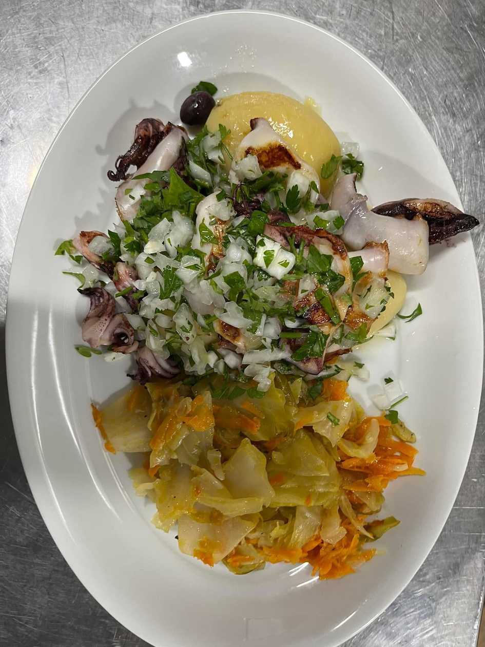 Grilled Squid with Boiled Potatoes and Sautéed Vegetables