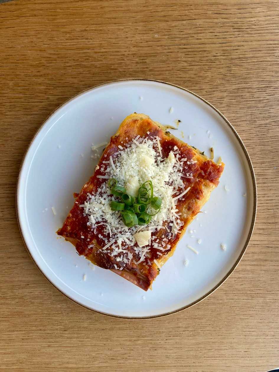 Lasagne with miso paste, mushrooms, spinach, pumpkin and cheese béchamel