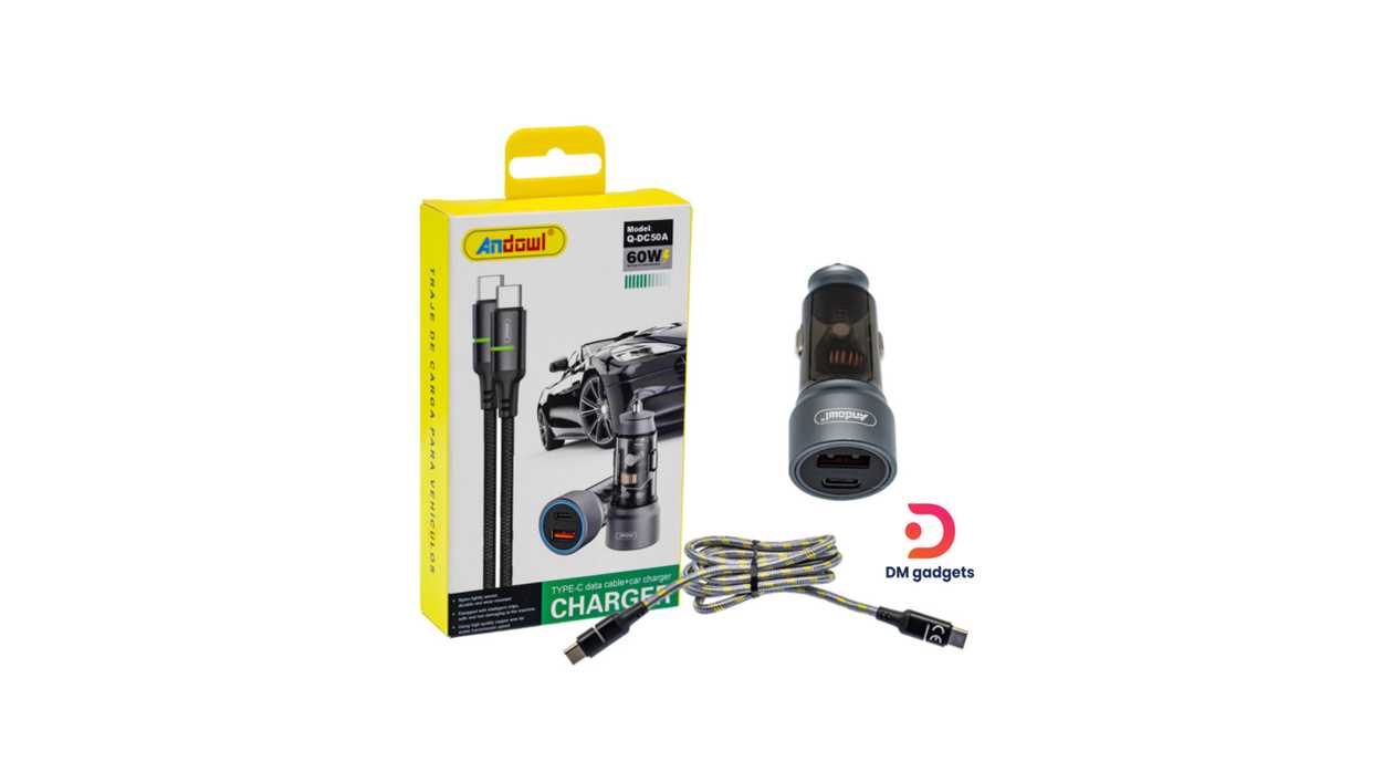 #338D#Andowl®Q-DC50A 60W Car Charger with USB Port and type-C/Type-C Cable inc 1m-Grey