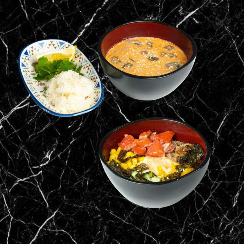 Lunch poke salmon and tom yum soup with shrimp