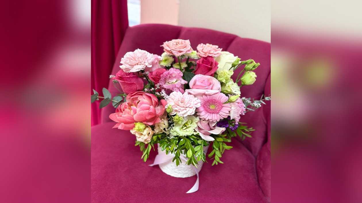 Woven Basket Arrangement With Ribbon Mixed Flowers