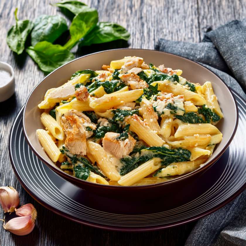 Penne with chicken, cream, and spinach