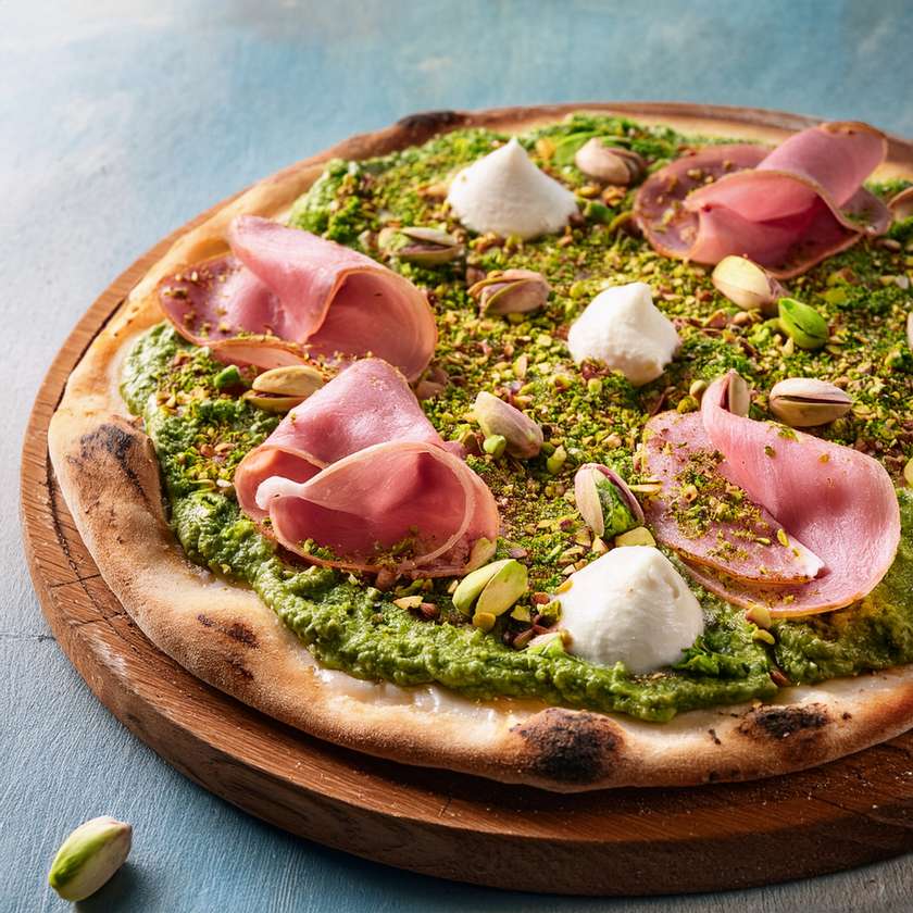 Pizza with mortadella and Sicilian pistachio pesto
