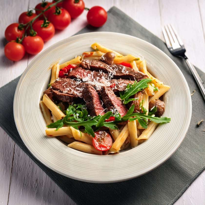 Penne with beef tagliata