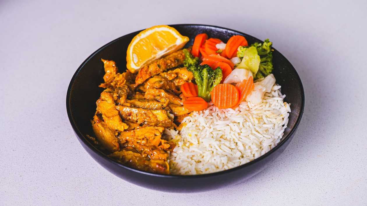 Honey Mustard Chicken with rice & veggies