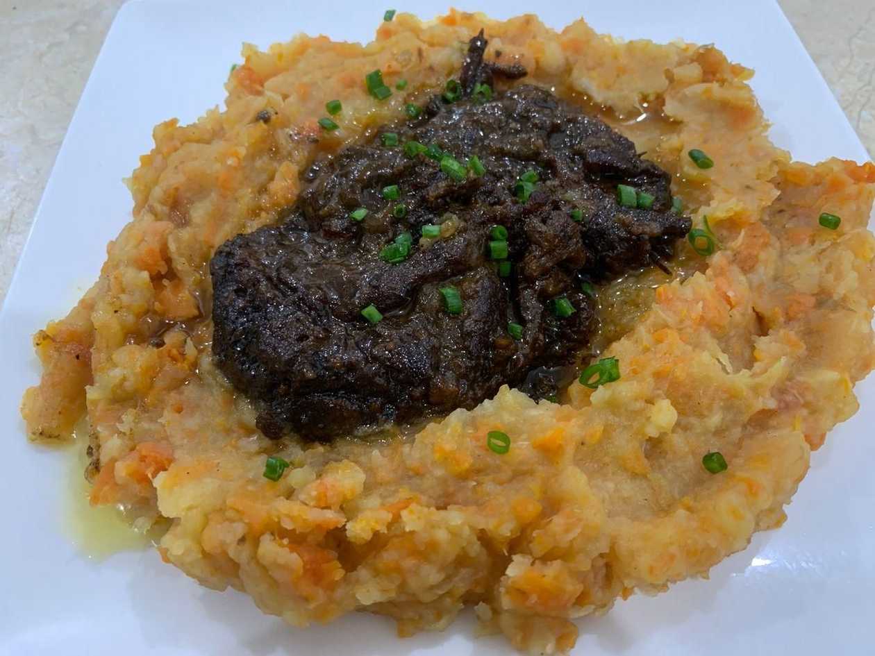 Hutspot, carrot, onion and potato stew with slow cooked beef
