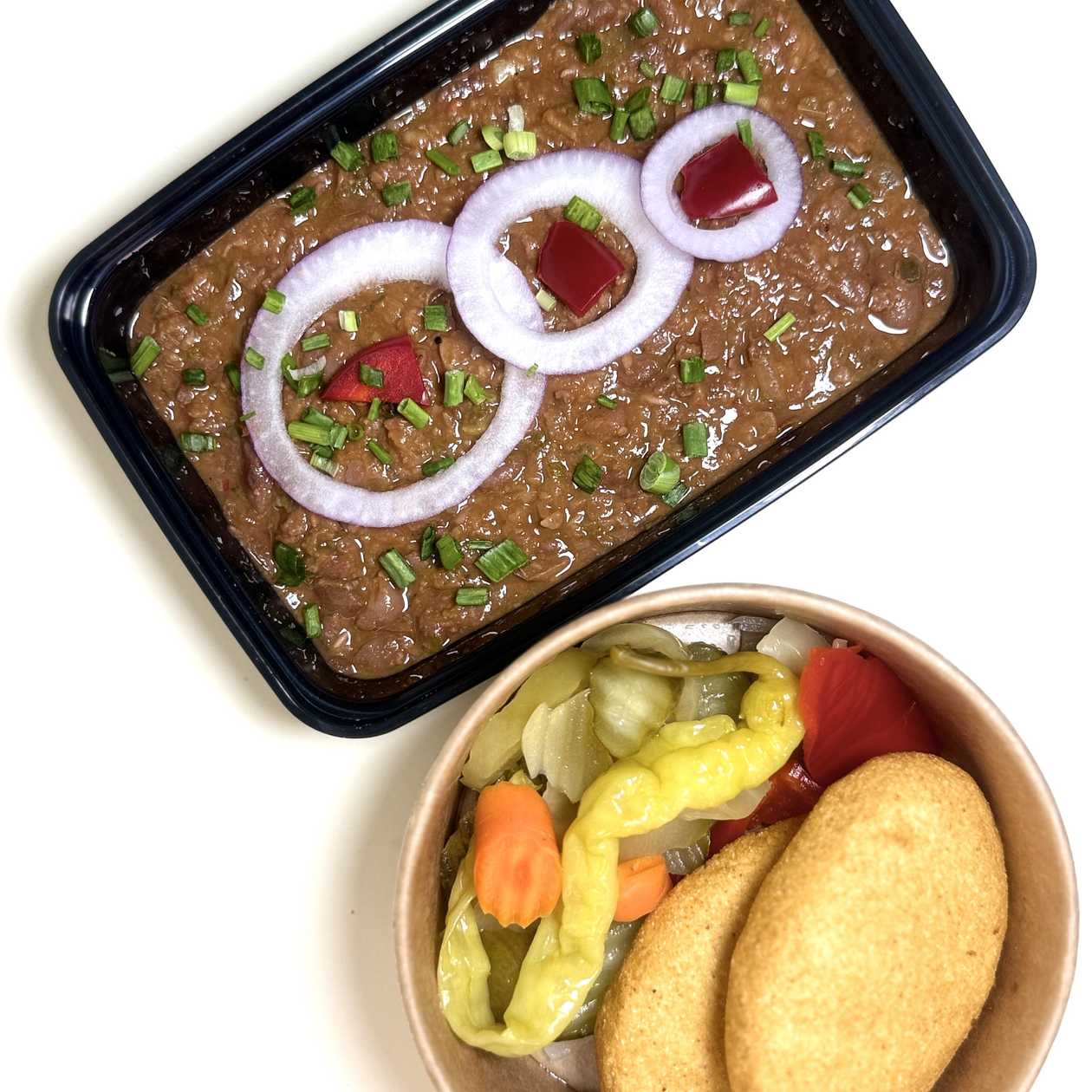 Beans, Corn bread and pickles assorted