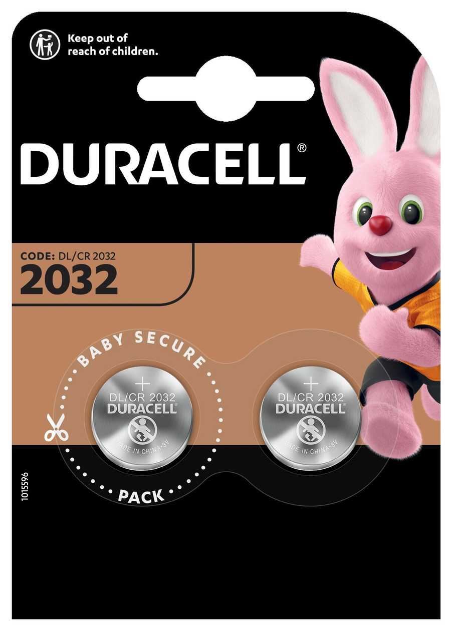 Battery Duracell Dl2032/Cr2032, 2 Batteries, 3V Lithium 225Mah Diam 20 mm H 3.2 mm