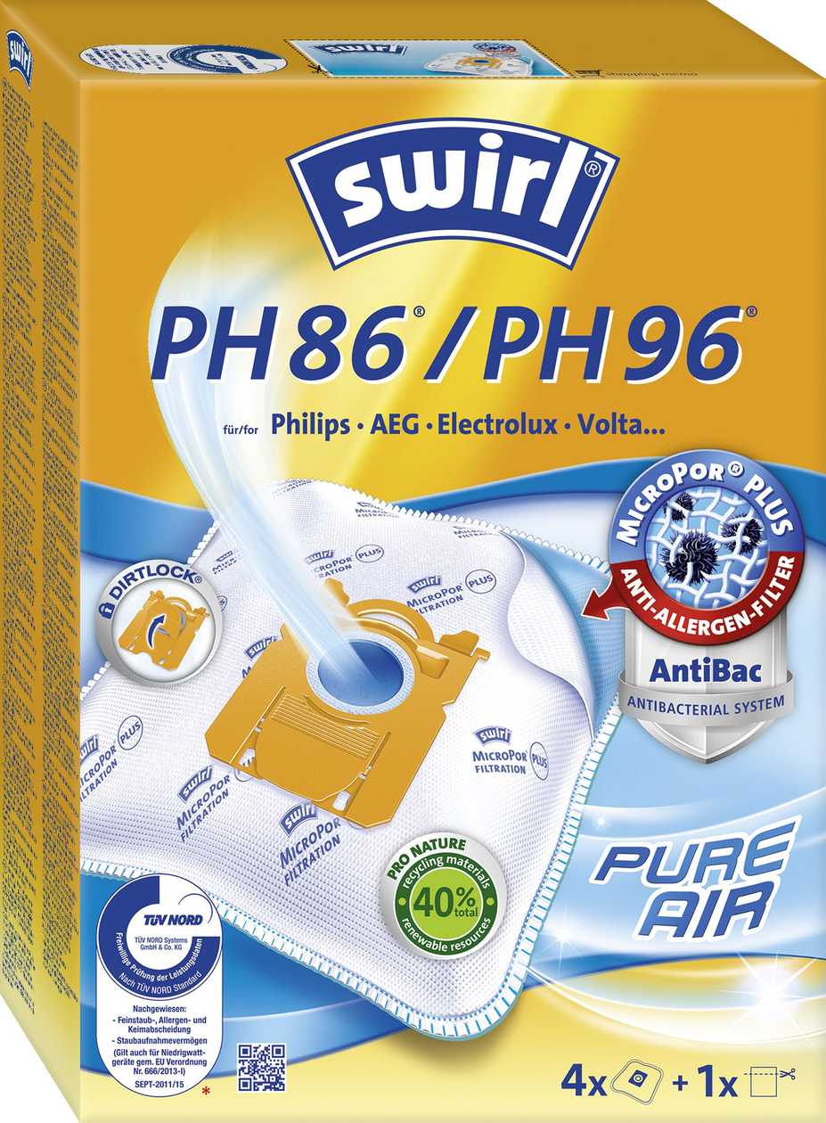 Dust Bag Swirl Ph86 Airspace Micropor Anti-Allergen Hepa-Filtration (for Philips S-Bag, Aeg, Electrolux) in Pack Of 4 Bags + Motor Filter