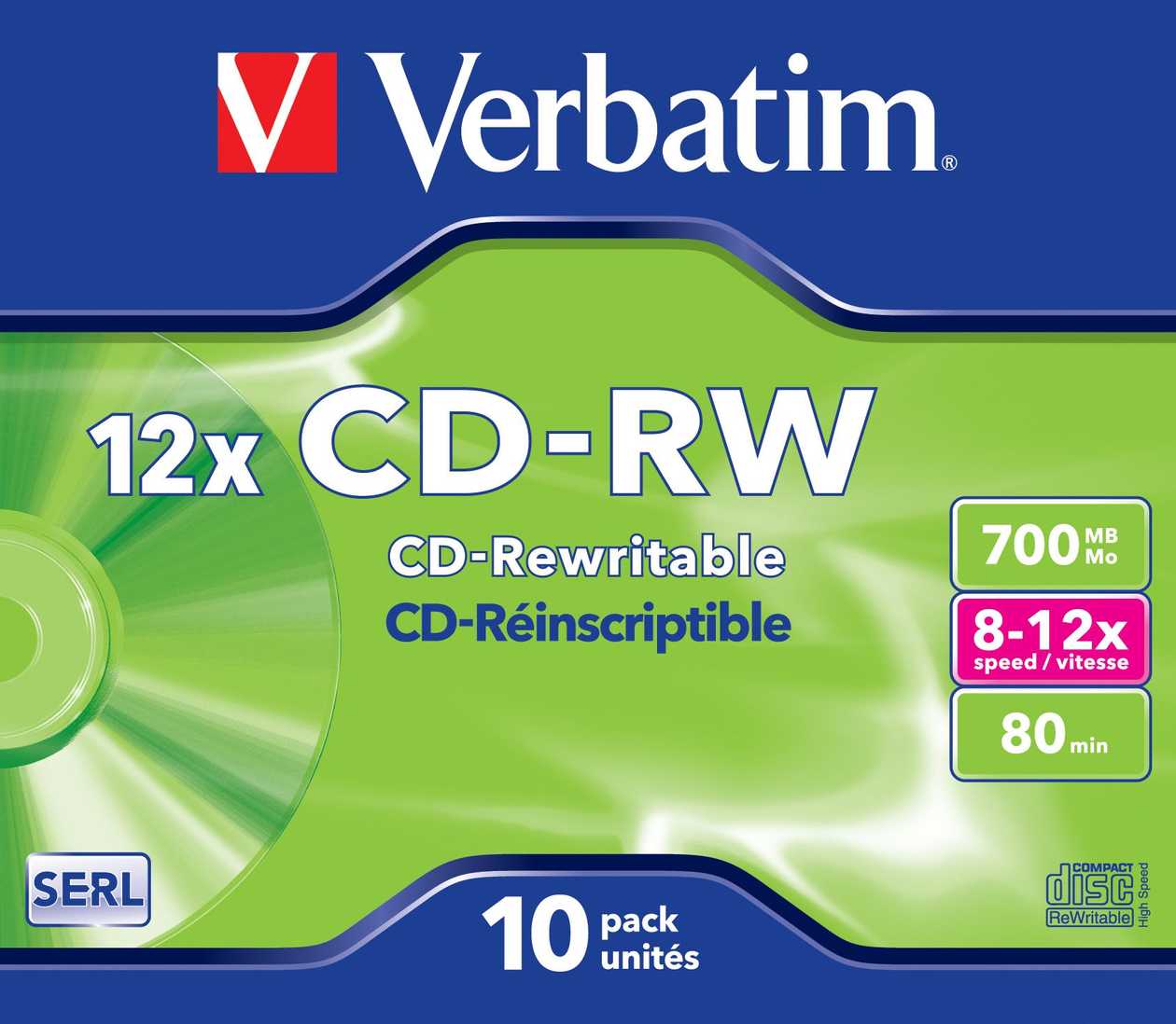 Cd-rw Verbatim 700 mb 80 min 12x Jewel, Highspeed, Serl Protection, 1 Blank In Standard Box