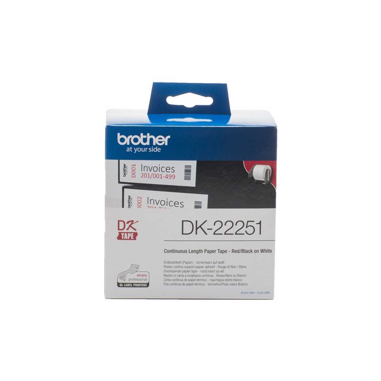 Adhesive Tape Brother Dk22251, Rolling Paper Tape, 62mmx15m, Black And Red Lettering On A White Bac kground