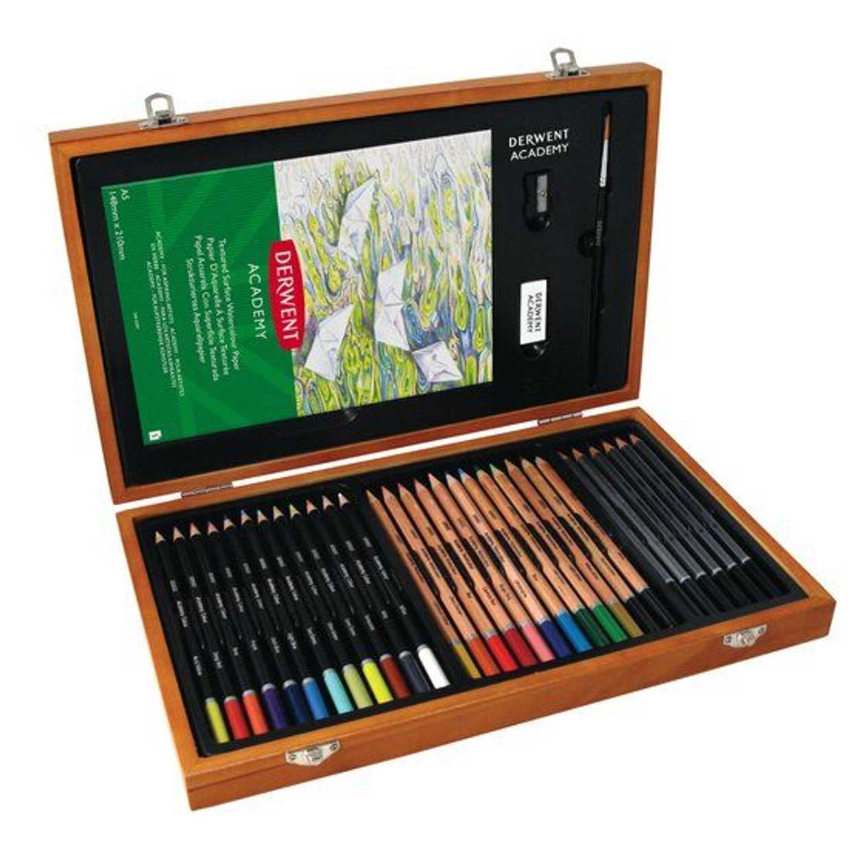 Art Set In A Wooden Box Derwent Academy 30 pcs.: 12 Color/12 Watercolor/6 Sketch Pencils + Eraser, A5 Pad + Brush