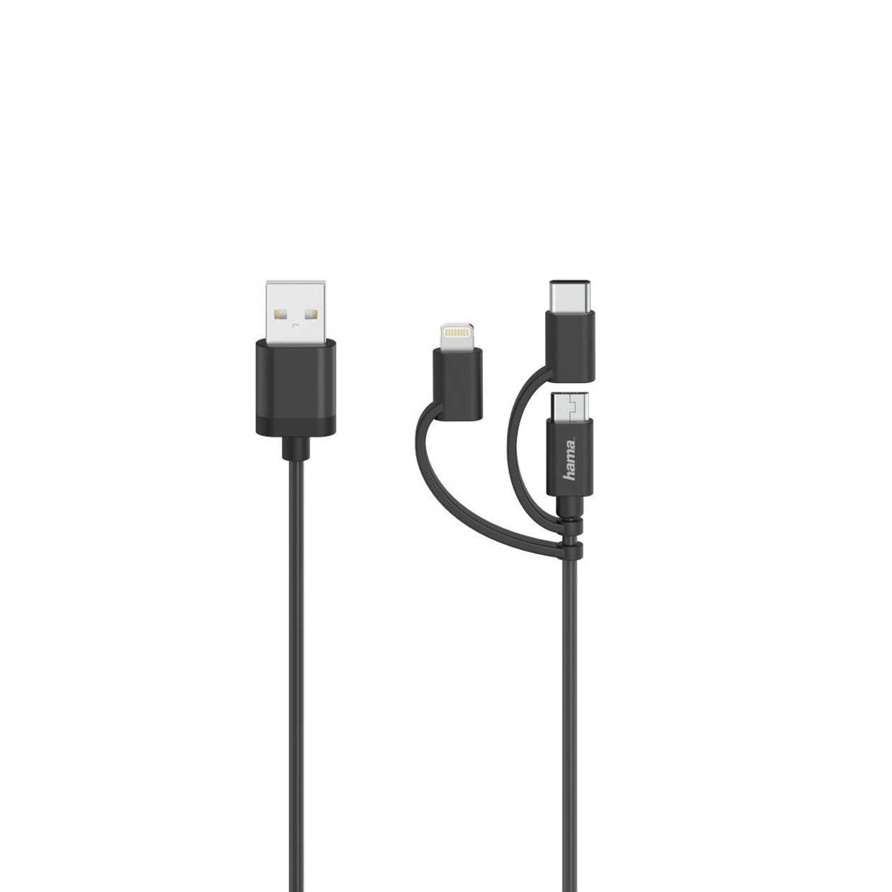 USB Cable USB-A - MicroUSB + Lightning Adapter + USB-C Adapter Hama 3In1, Black USB2.0 Cable 0.75M