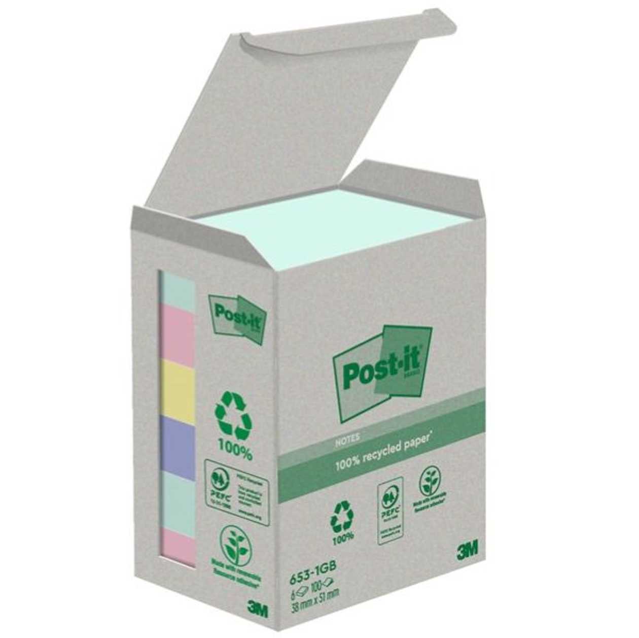 Self-Adhesive Post-It 653 Recycled Notes, 100% Recycled Paper, Assorted 38 X 51 mm (6X100L)