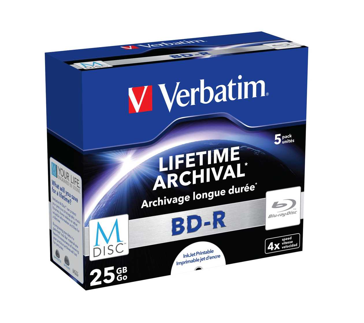 Bd-R Verbatim M-Disc 25 gb 4X Blu-Ray Inkjet Printable Jewel Case (1Pack - 5 pcs. Per Pack), Lifetime Archival