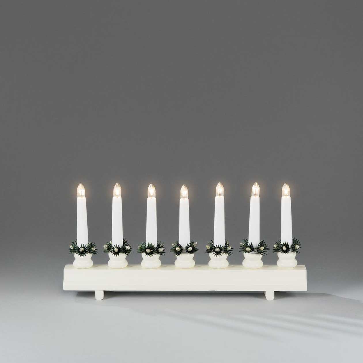 Candlestick 7 Candles + Spruce Rosettes 40xh-18 cm, 230v, 170 cm Cord/ White Painted Wood