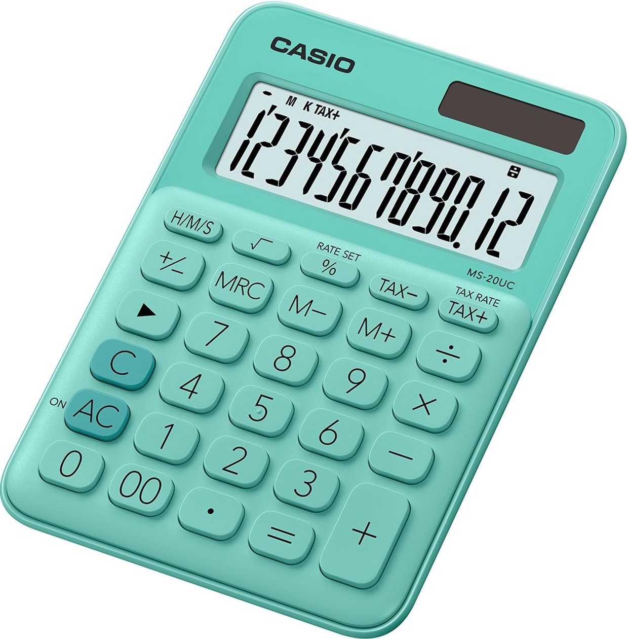 Desk Calculator Casio Ms-20uc-green - 12 Digits, Standard And Solar Battery, 110gr, 23x106x150 mm, Casio Logic