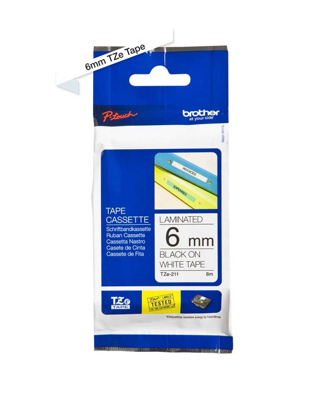 Adhesive Tape Brother Tze-211 White, Black Text, Width 6mm