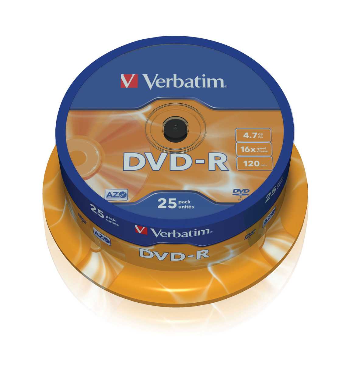Dvd-r Verbatim 4.7gb 120 min 16x Cake 25, Advanced Azo Protection, Recordable, 25 Blanks In Tower