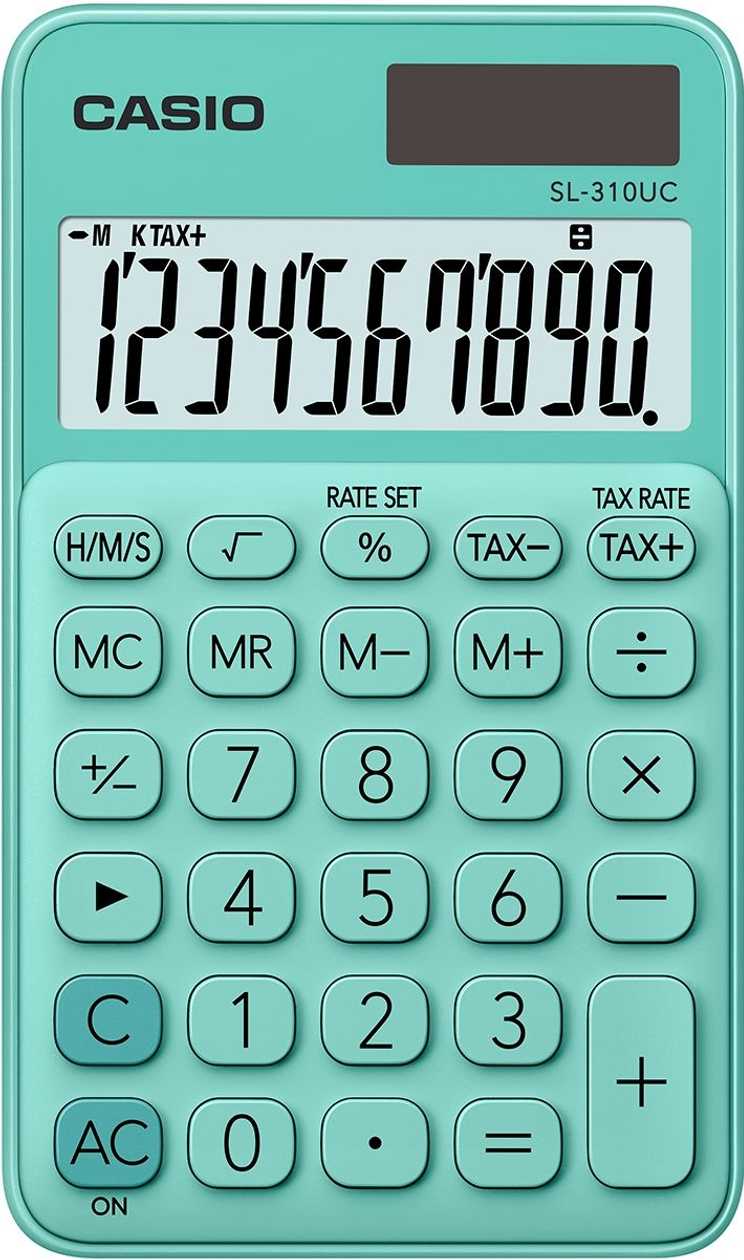 Pocket Calculator Casio Sl-310Uc green/Green - 10 Digits, Standard And Solar Battery, 50 g, 8X70X118 mm, Comes with Case, Casio Logic Calculator