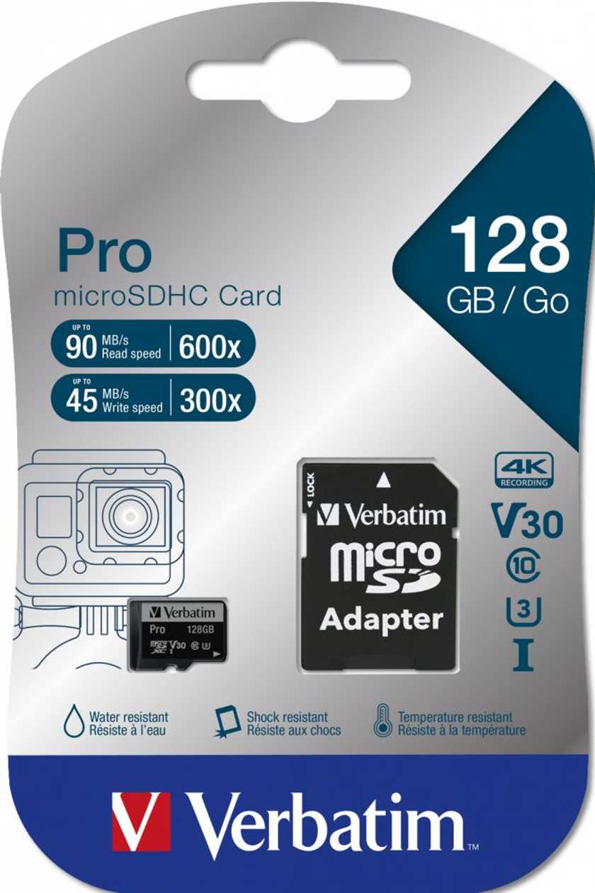Memory Card Secure Digital Verbatim Microsdxc 128 gb Pro Class10 Uhs-I U3 R90Mb/Sec W45Mb/Sec + Sd Adapter