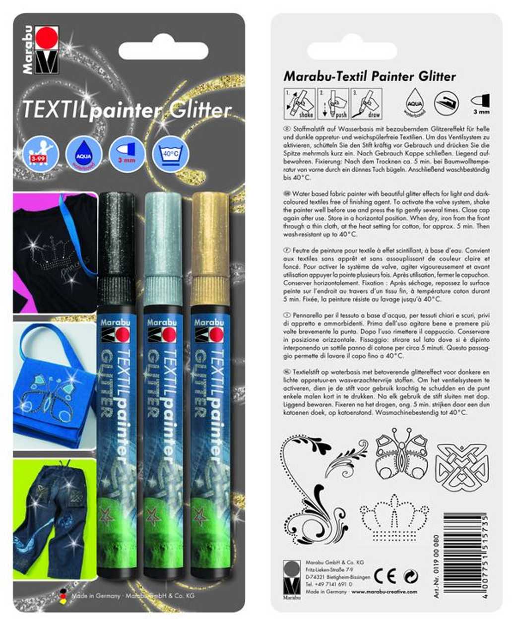 Glitter Marker for Textiles 3 mm 3 pcs. in a Pack