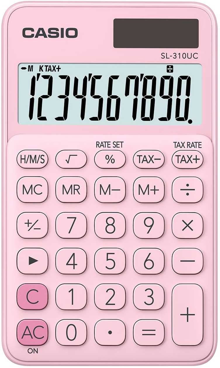 Pocket Calculator Casio Sl-310Uc Pink/Pink - 10 Digits, Standard And Solar Battery, 50 g, 8X70X118 mm, Comes with Case, Casio Logic Calculator