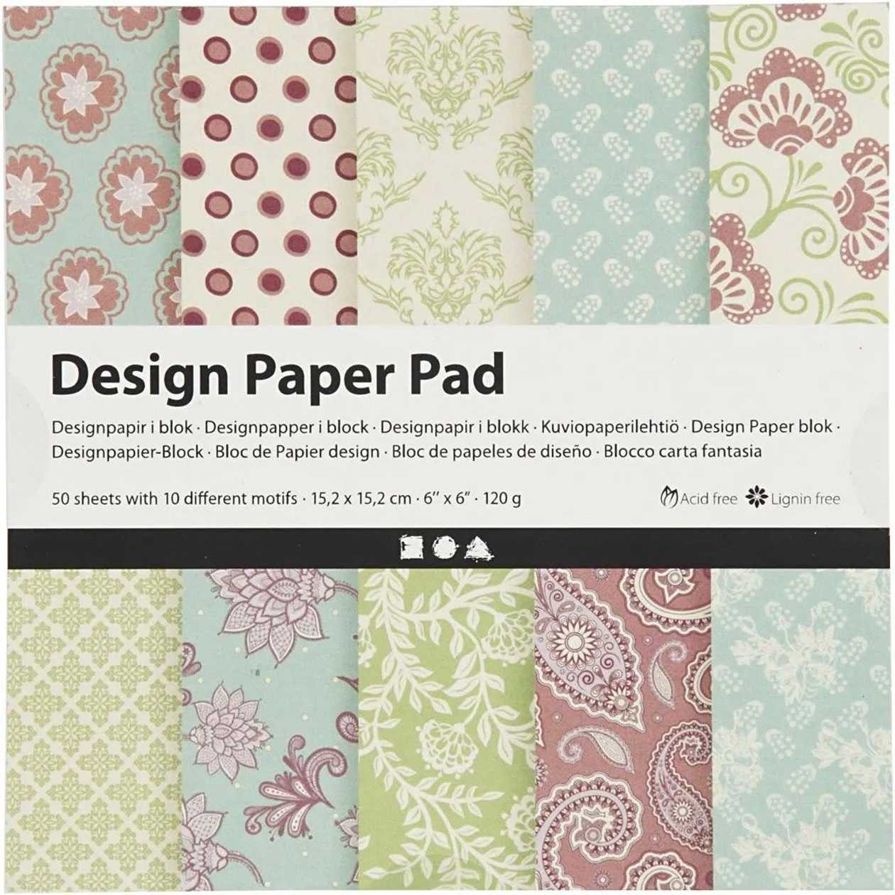 Design Paper Set Creativ, Mint green-Purple, 15,2X15,2 cm, 120 g, 50 Sheets, 10 Different Designs