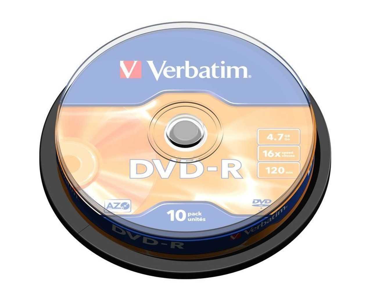 Dvd-r Verbatim 4.7gb 120 min 16x Cake 10, Advanced Azo Protection, Recordable, 10 Blanks In Tower