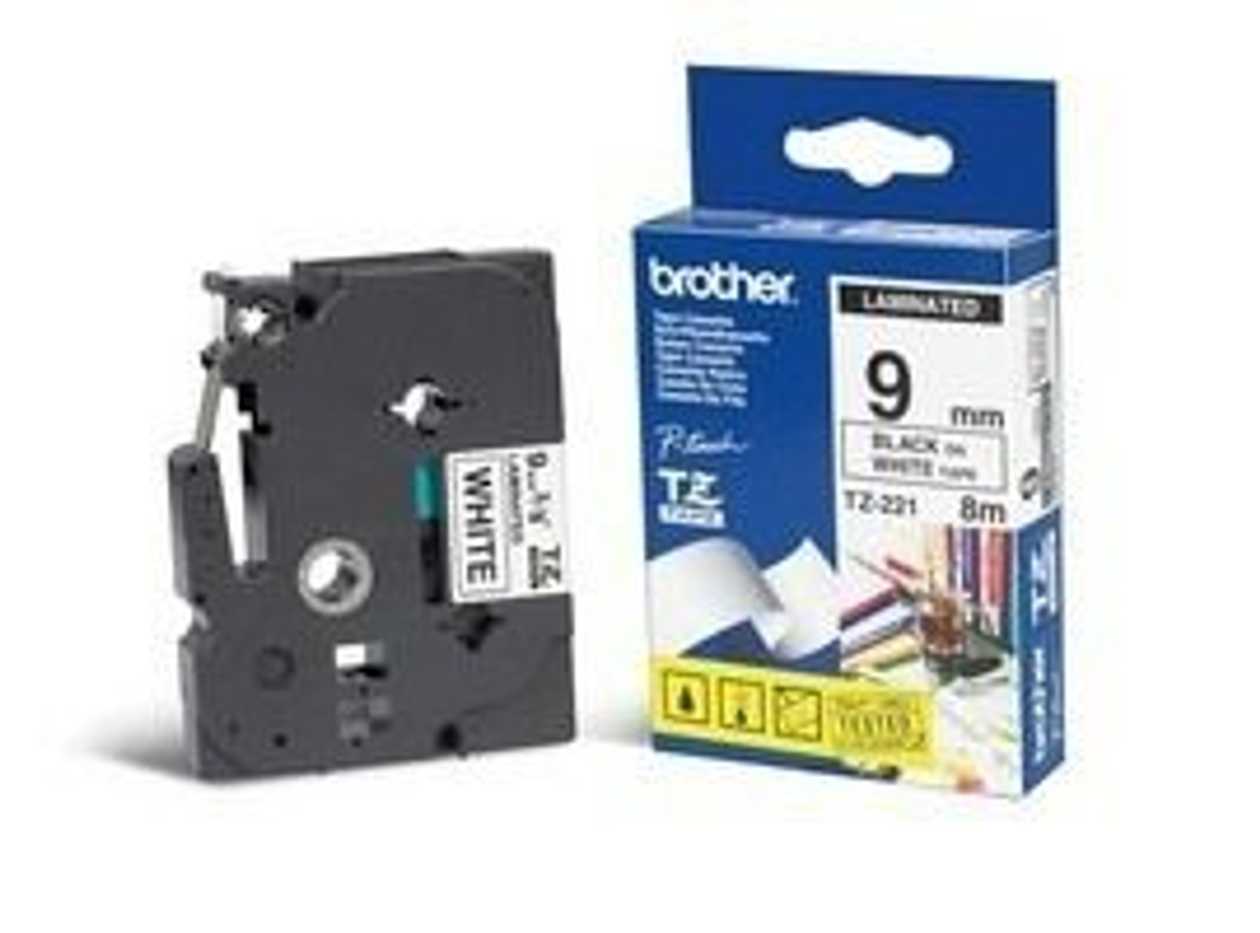Adhesive Tape Brother Tze-221 White, Black Text, Width 9mm