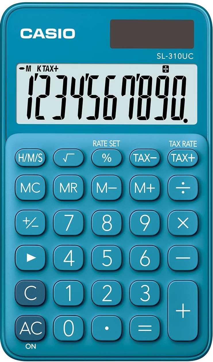 Pocket Calculator Casio Sl-310Uc Blue/Blue - 10 Digits, Standard And Solar Battery, 50 g, 8X70X118 mm, Comes with Case, Casio Logic Calculator
