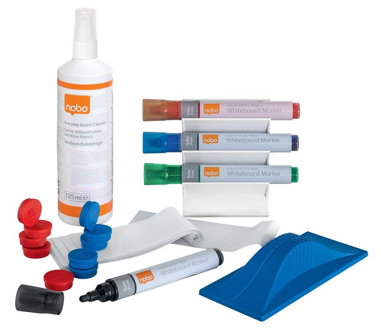 Whiteboard Accessory Set Nobo Whiteboard User Kit (4 Markers And Magnetic Holder, Magnetic Eraser, Magnets, Cleaning Agent 125 ml)