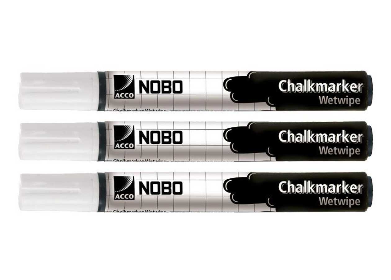 Blackboard Marker Nobo Liquid Chalkmarker Wetwipe 4 mm Nib, Non-dusty Liquid Chalk Marker (for Chalkboard, glass Board) - White 3 pcs. Set.