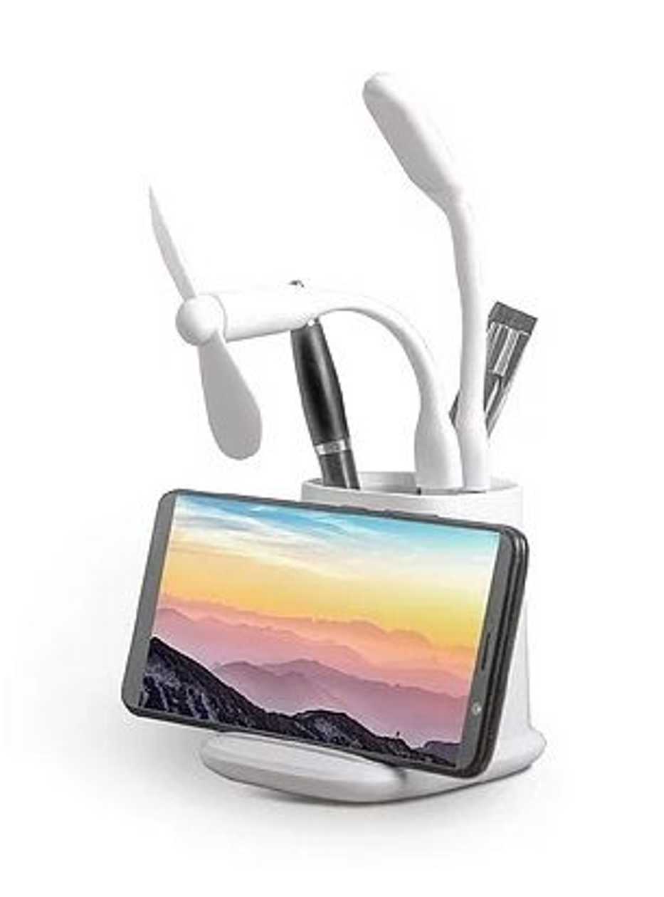 Satzuma 6in1 Wireless Smartphone Charger: USB Fan, Light, Phone Holder, Pen Cup, 2xUSB Interface