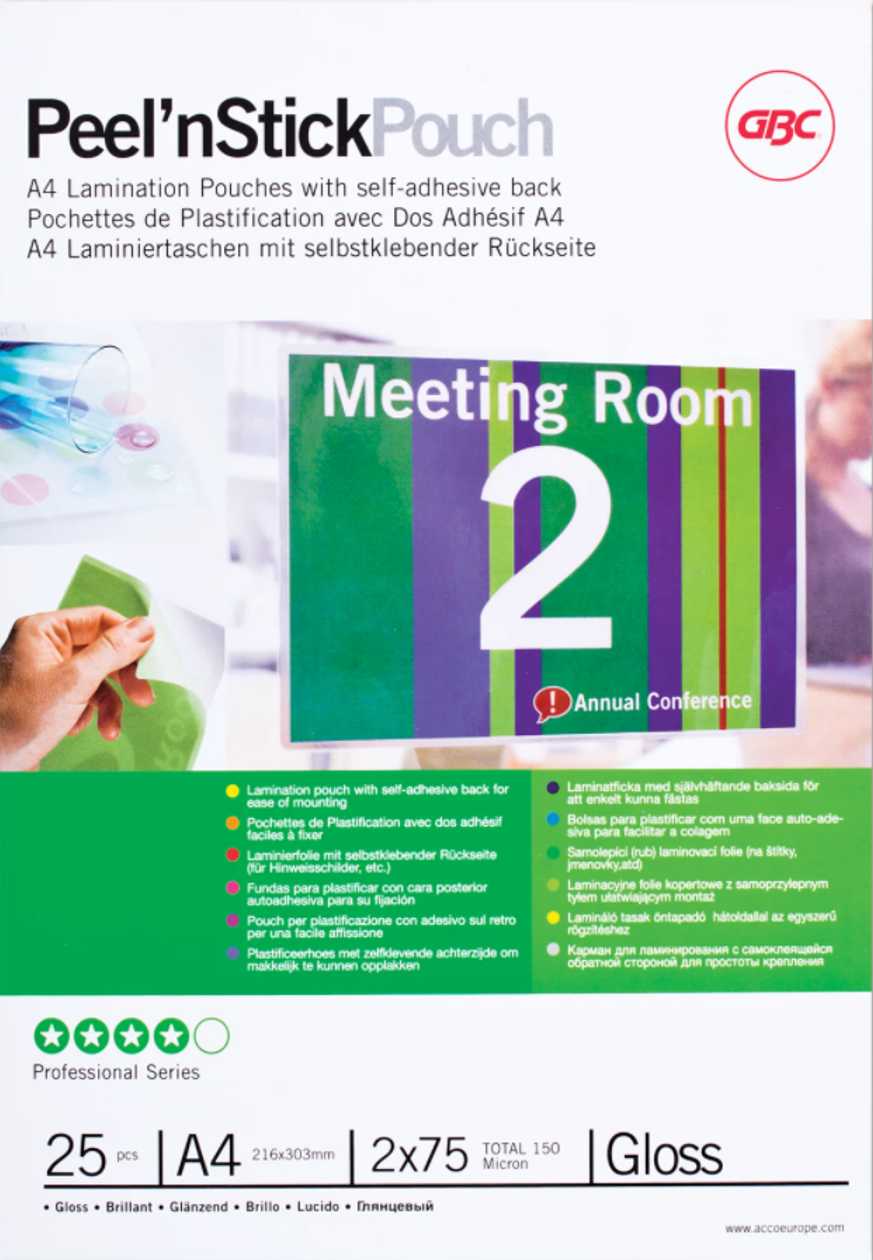 Laminating Film With Adhesive Back A4 75mic glossy (pack Of 25 Films) A4 2x75 Micron gloss