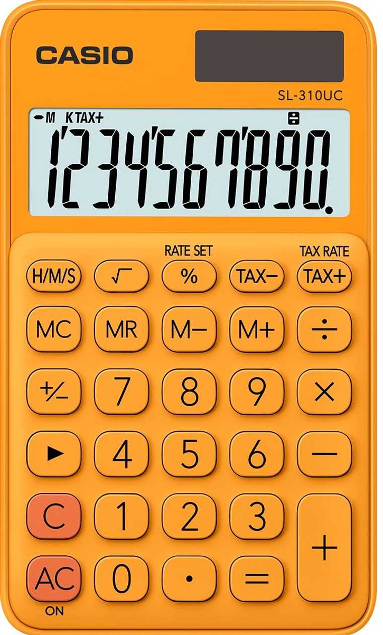 Pocket Calculator Casio Sl-310Uc Orange/Orange - 10 Digits, Standard And Solar Battery, 50 g, 8X70X118 mm, Comes with Case, Casio Logic Calculator