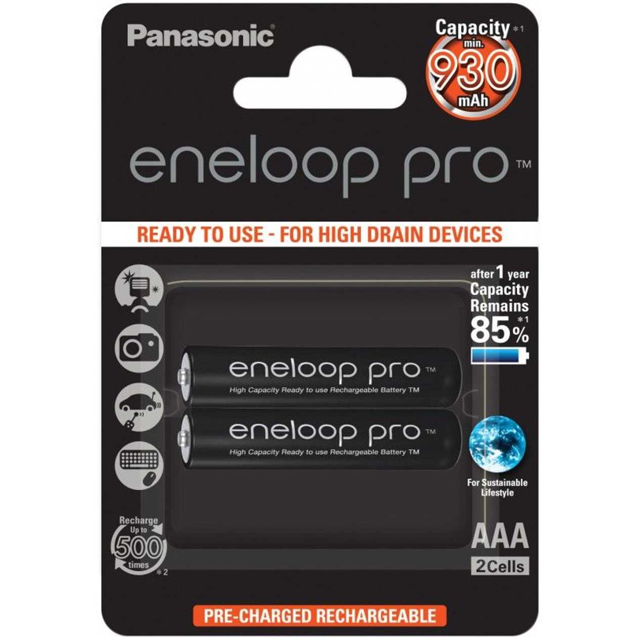 Battery Panasonic Eneloop Pro Aaa Hr03 930Mah Nimh 2Bp, 1,2V 2 Battery Packs for High Current Consumption Devices.